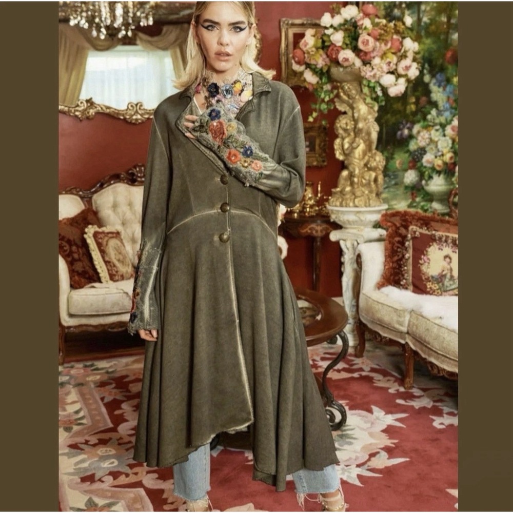 NWT Aratta Heart of Autumn XL Cotton Embroidered Floral Long Jacket Coat Olive